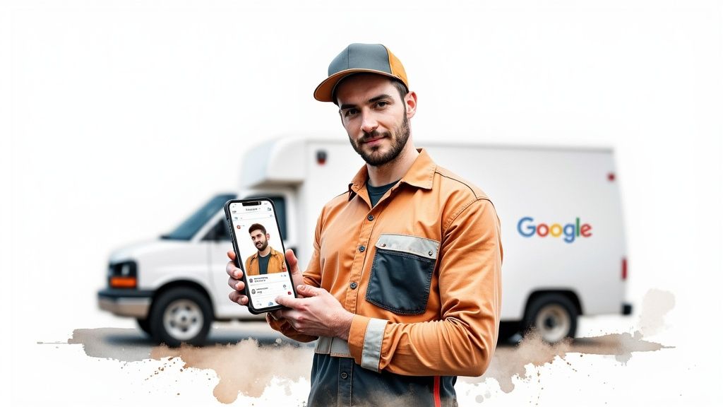 Man in work uniform holds phone displaying his profile, with a Google service van in the background.