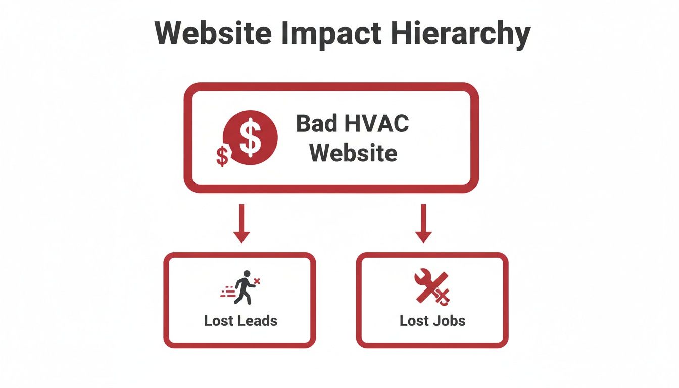 Diagram showing how a bad HVAC website leads to lost leads and lost jobs, illustrating business impact.