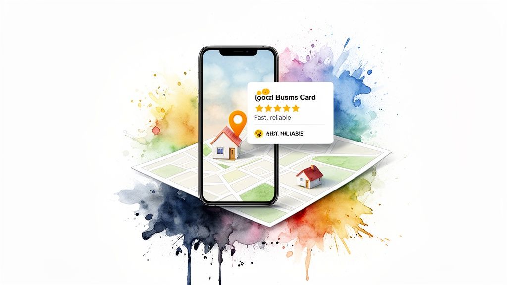 A smartphone displays a map with a house and a location pin, showing a highly-rated "Local Business Card".