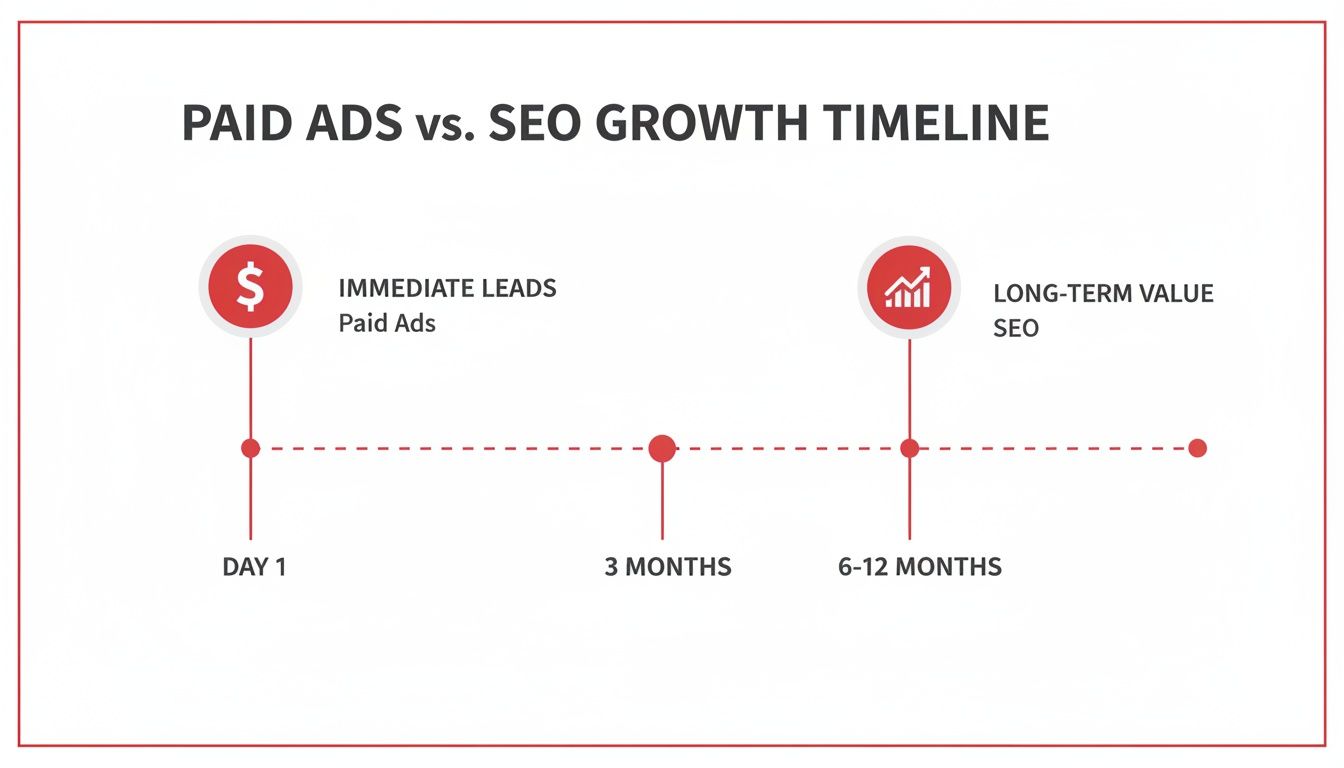 Timeline comparing paid ads for immediate leads and SEO for long-term value growth.