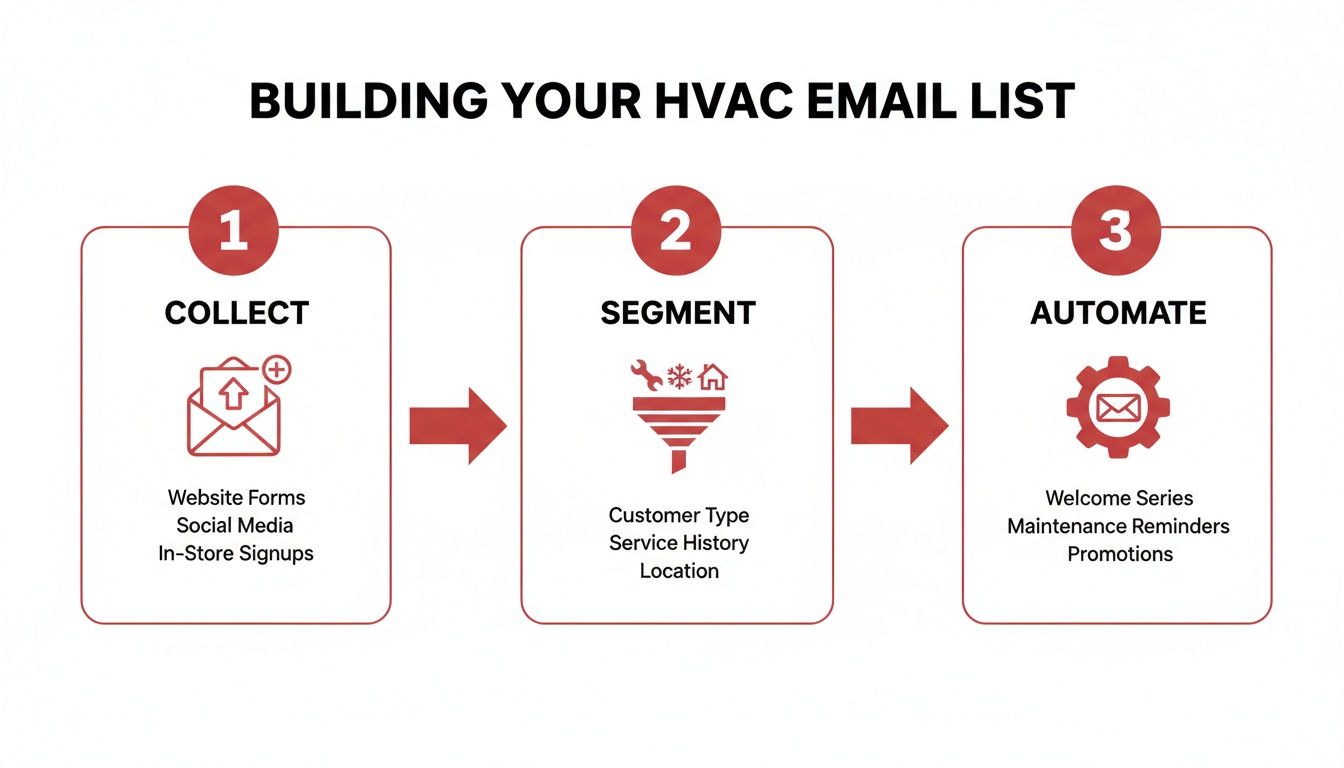 Diagram showing three steps to build an HVAC email list: collect, segment, and automate for marketing.