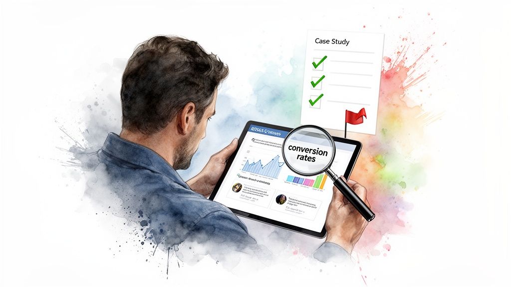 A man analyzing conversion rates on a tablet, with a case study document in the background.