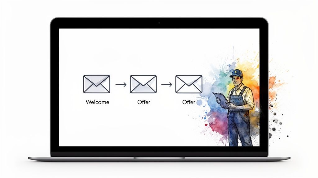 A laptop displays an email marketing workflow: Welcome, Offer, Offer, alongside a service technician illustration.
