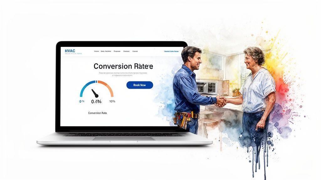 Laptop displays a conversion rate dashboard. An HVAC technician shakes hands with a satisfied client.