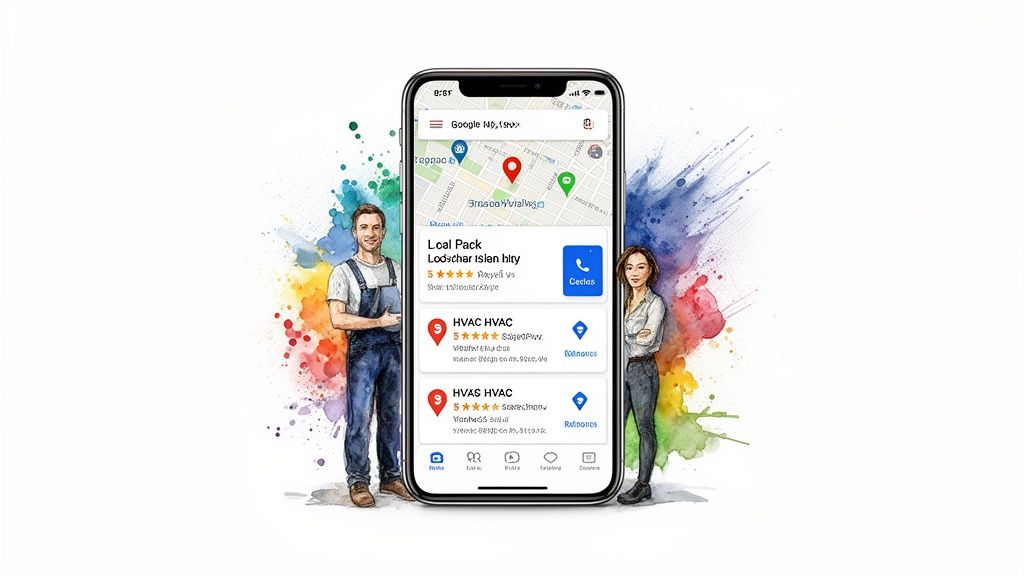 Two business owners stand by a smartphone showing local HVAC SEO results on a map.