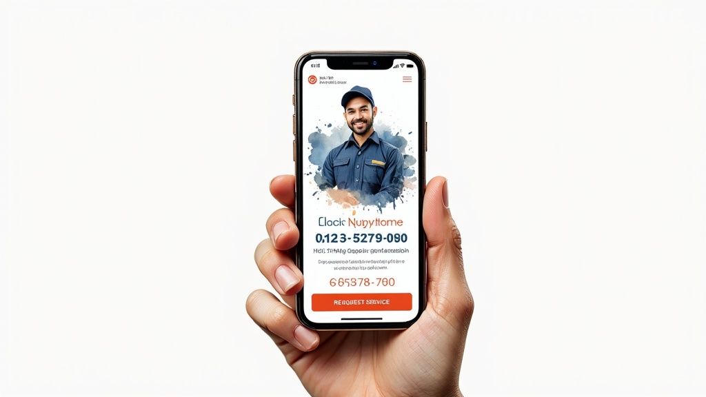 A hand holds a smartphone displaying an HVAC service app with a smiling technician and contact details.
