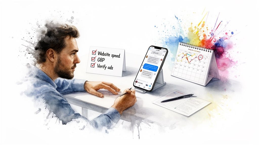 Man checking digital marketing tasks like website speed and ads, with a phone and calendar.