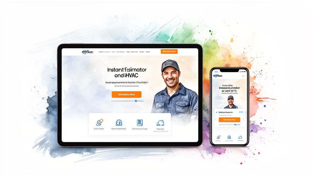 Responsive HVAC service website and app on a tablet and smartphone, featuring a technician and scheduling.