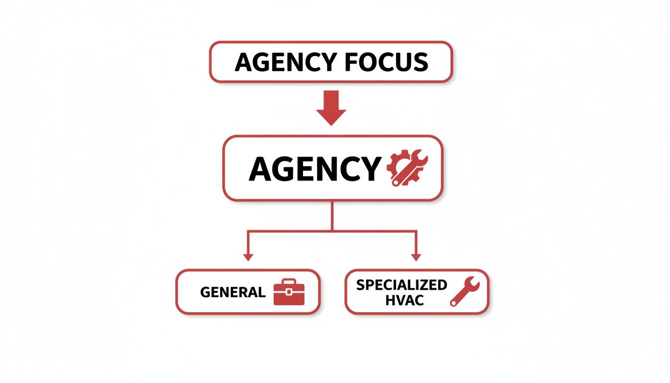 Flowchart illustrating an agency's service focus, splitting into general and specialized HVAC.