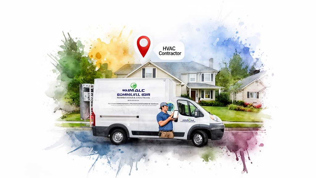 HVAC service technician with tablet by a white van in front of a house, marked 'HVAC Contractor'.