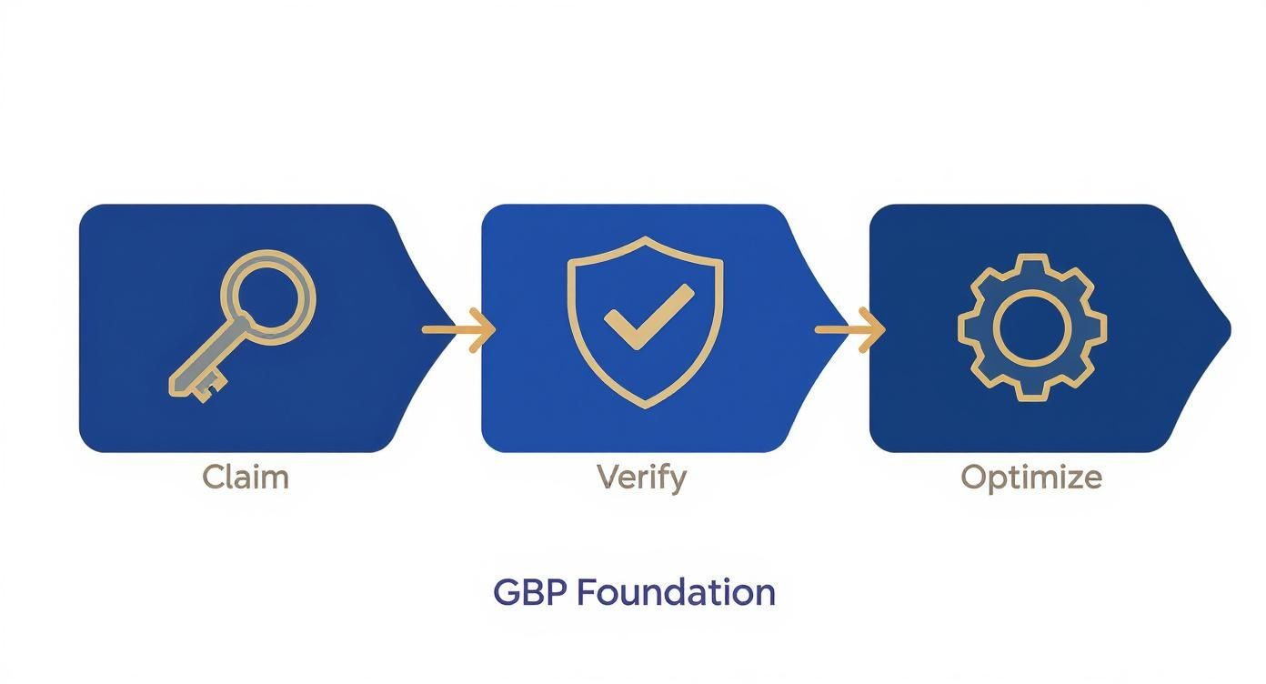 Three step process showing claim, verify, and optimize stages for Google Business Profile foundation