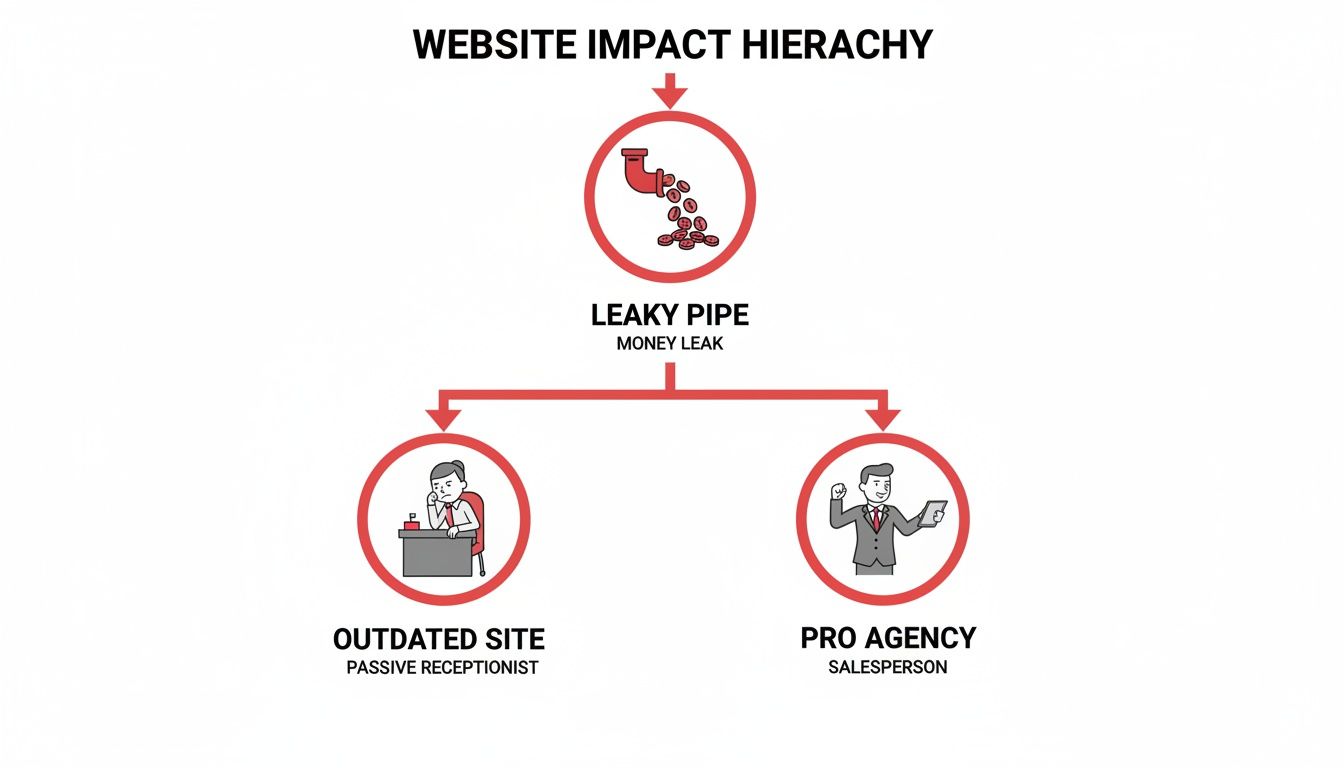 Website impact hierarchy diagram: leaky pipe represents money leak, contrasted with outdated site vs. pro agency.