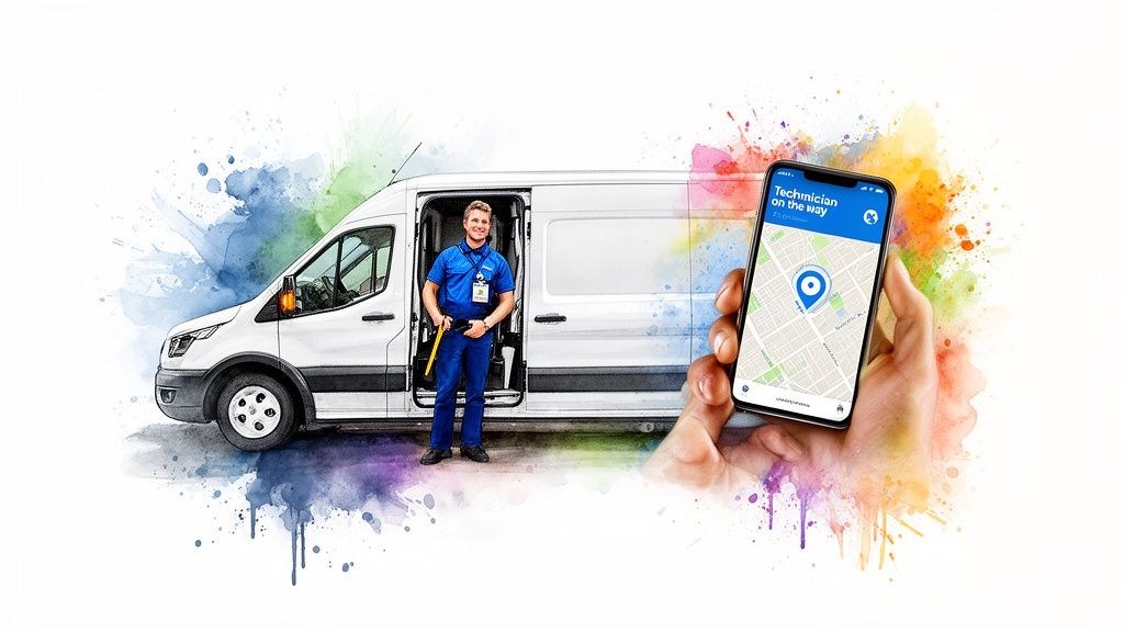 A technician in a blue uniform stands by a white service van, while a hand holds a smartphone tracking his arrival.