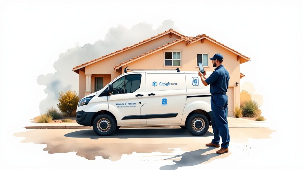 Technician with a tablet next to a Google-branded service van in front of a house.