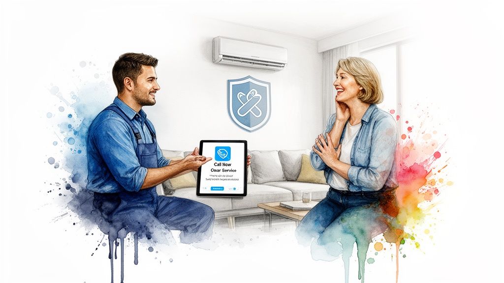 HVAC technician shows a service application on a tablet to a happy customer in a home.
