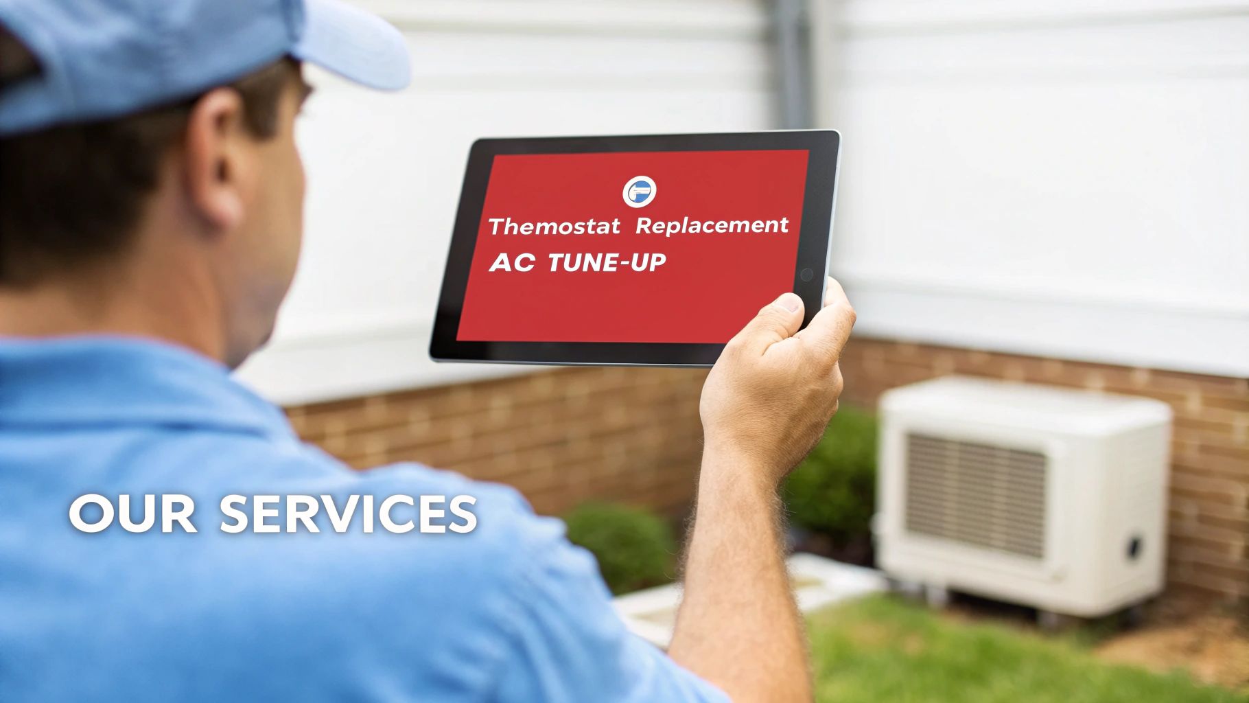 HVAC technician using tablet displaying thermostat replacement and AC tune-up services outdoors