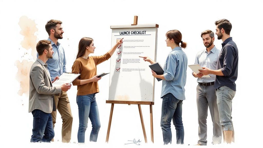 Business team collaborating around a whiteboard with a launch checklist and checked items.