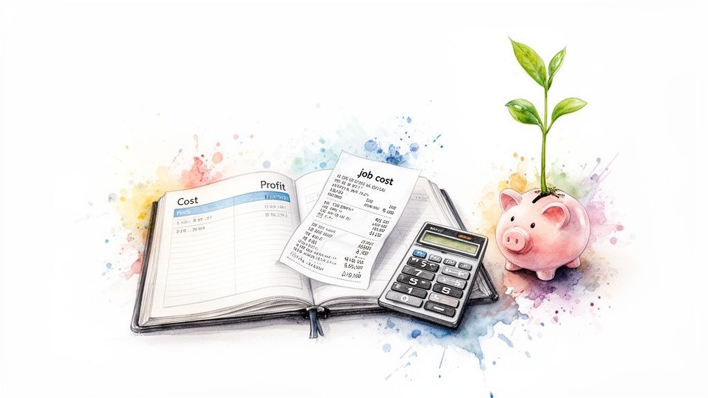 A watercolor illustration of an open ledger, a job cost receipt, a calculator, and a piggy bank with a growing plant, symbolizing financial management and growth.