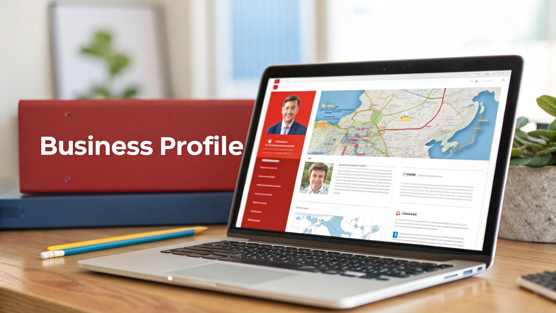 Laptop displaying business profile dashboard with maps, photos, and company information on wooden desk