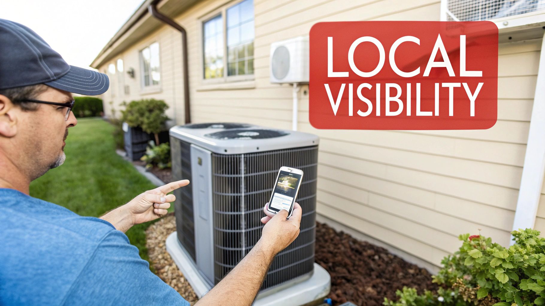 HVAC technician using smartphone to check local visibility and online business presence outside home