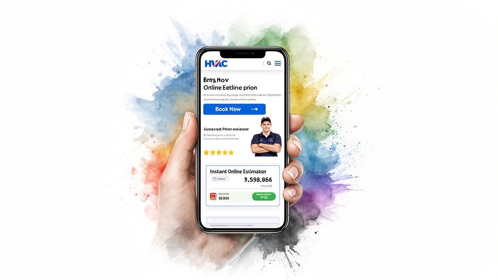 A hand holding a smartphone displaying an HVAC service app with booking, ratings, and an estimator.