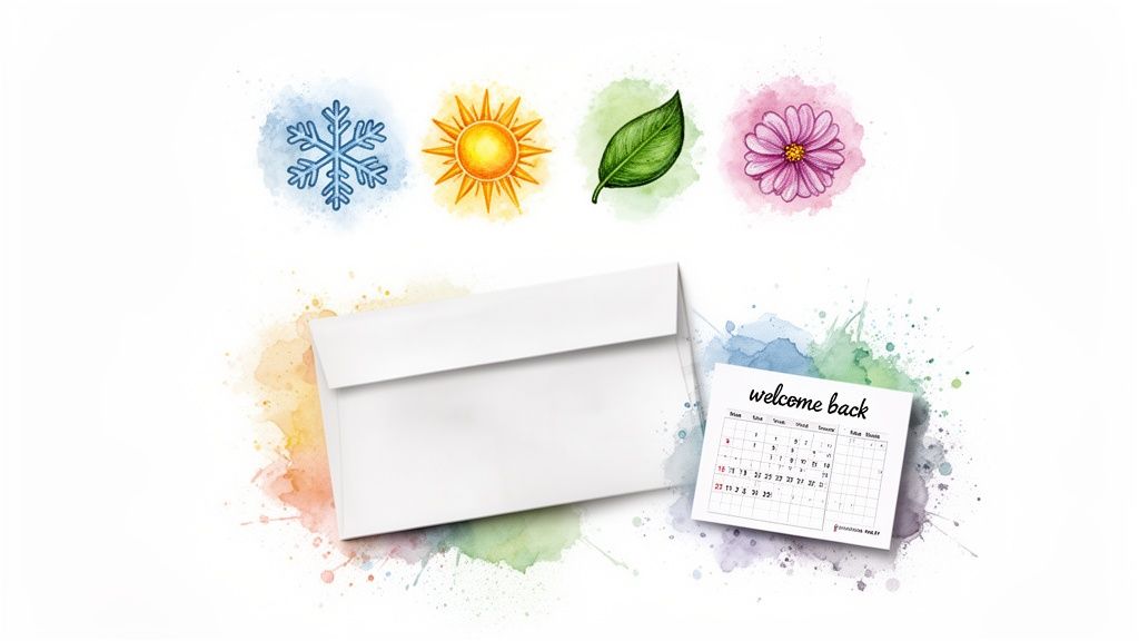 Four watercolor seasonal icons (snowflake, sun, leaf, flower) above a white envelope and 'welcome back' calendar.