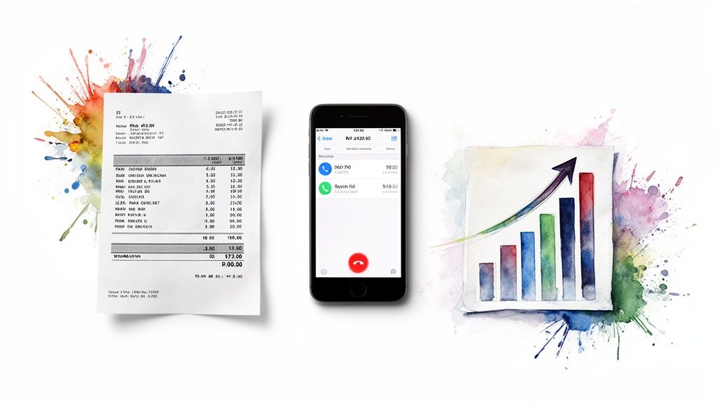 Receipt, smartphone with call log, and watercolor bar chart showing growth with colorful paint splatters.