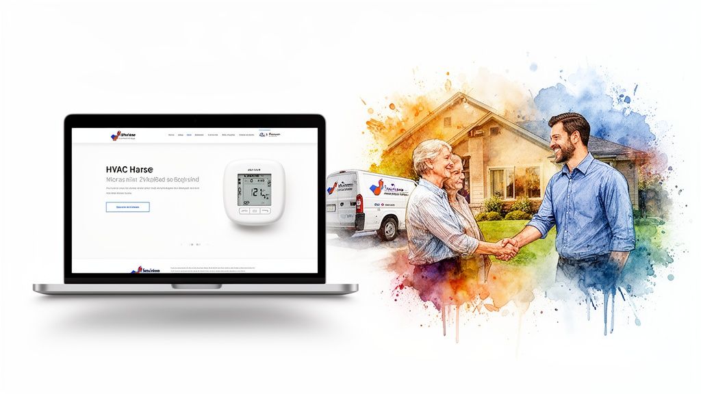 A laptop displays an HVAC website with a thermostat, beside a watercolor illustration of an HVAC service team shaking hands with customers in front of their house.