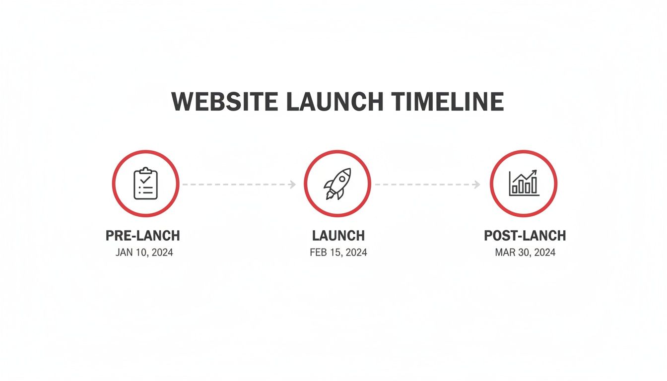 Website launch timeline displaying pre-launch, launch, and post-launch stages with dates.