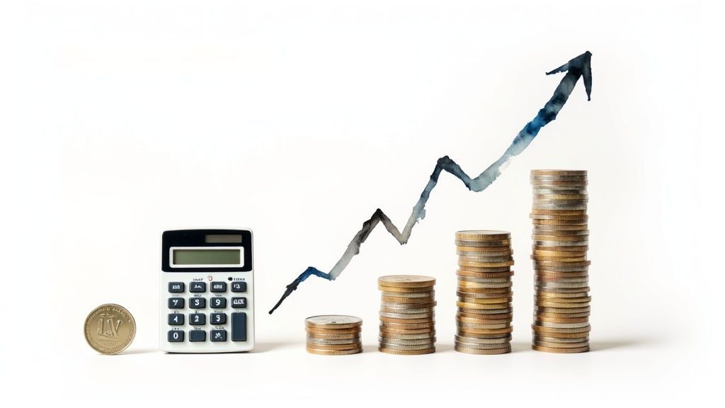 Financial growth illustrated with a calculator, a coin, increasing coin stacks, and an upward trend arrow.