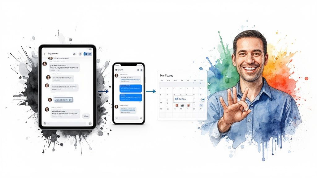 Digital workflow showing messaging on tablet and smartphone, transitioning to a calendar app, ending with a smiling man.