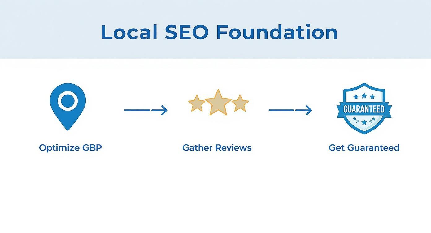 A flowchart showing the Local SEO Foundation process: Optimize GBP, Gather Reviews, and Get Guaranteed.
