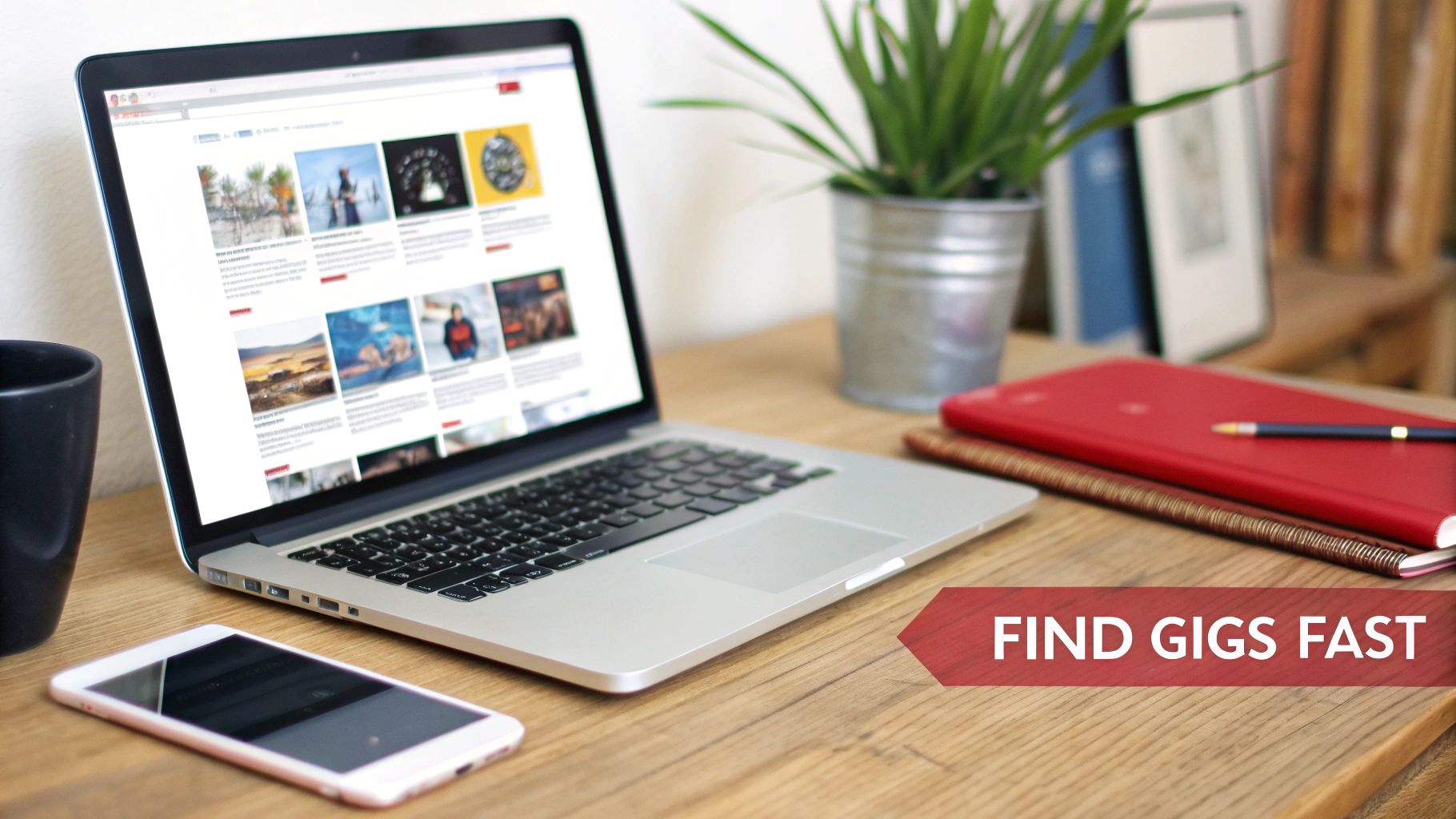 A laptop, smartphone, and notebook on a wooden desk with a plant. A red banner displays 'FIND GIGS FAST'.