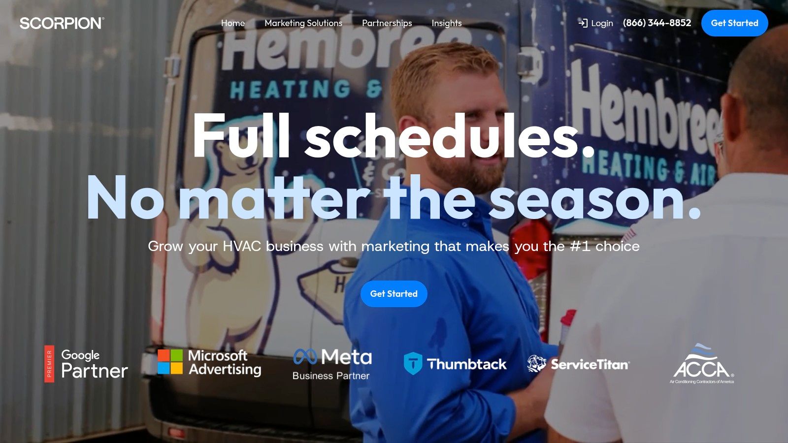 Scorpion HVAC websites dashboard showing lead tracking and marketing performance metrics