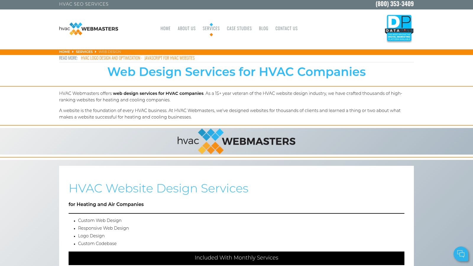 HVAC Webmasters website showcasing custom web design services for HVAC contractors