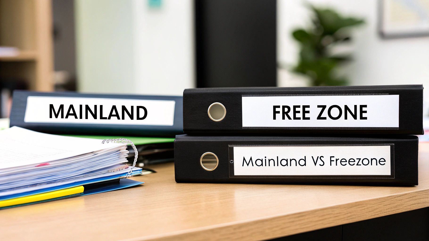 Entrepreneurs planning their business setup with a city skyline in the background