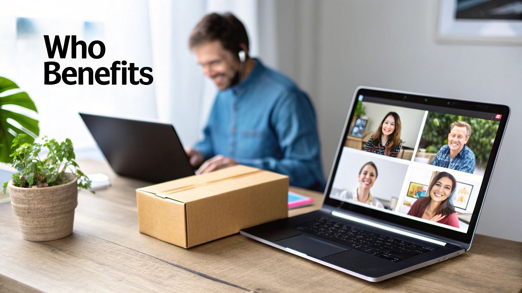 Remote team video conference call showing diverse professionals collaborating online from home offices