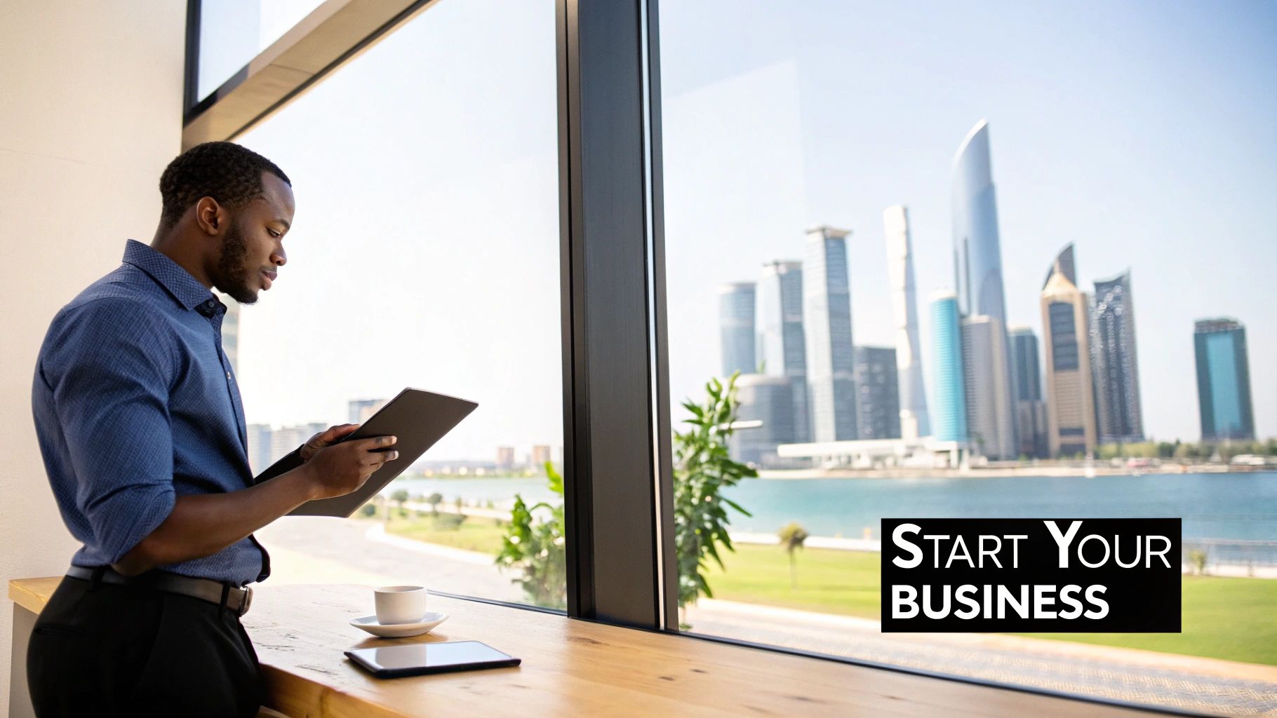 A businessman standing by a window, looking at a tablet with a city skyline view.