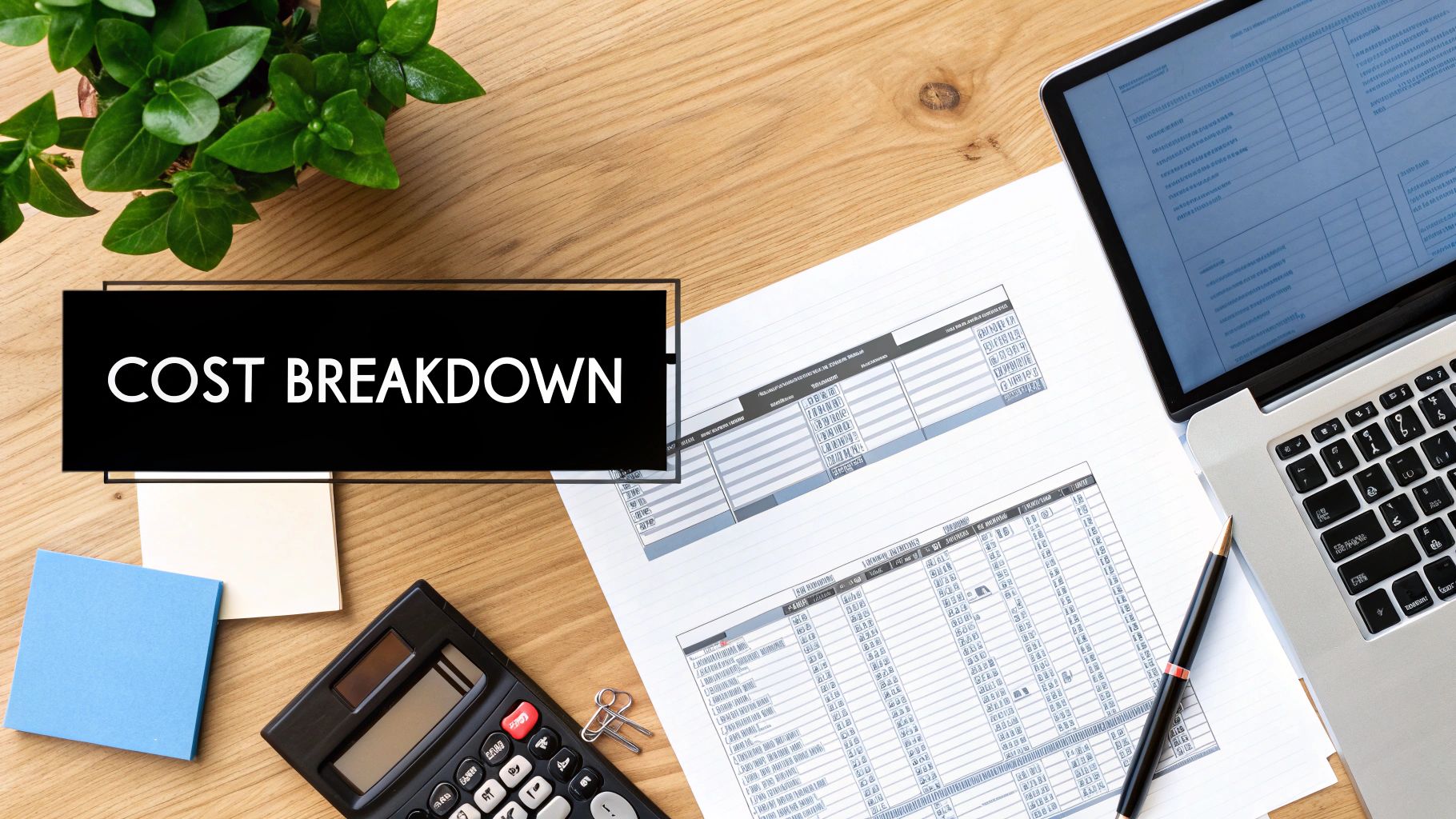 A person sitting at a desk with a calculator and documents, budgeting for their freelance visa in the UAE.