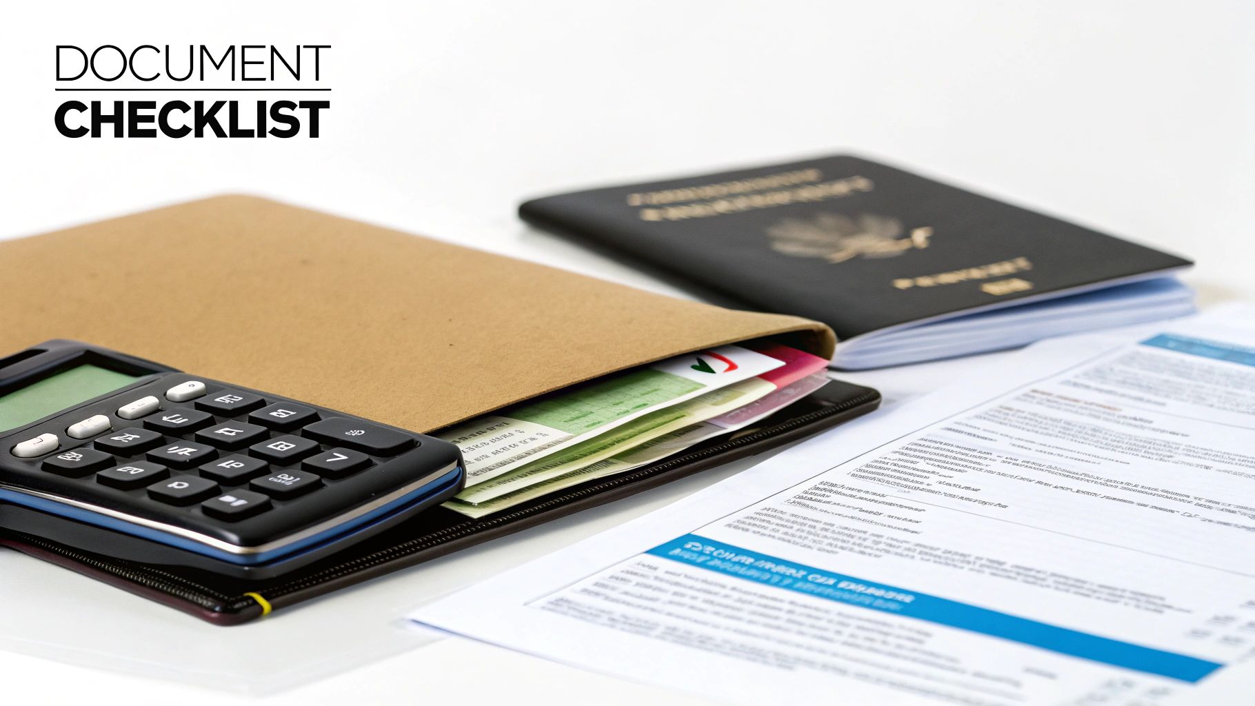 A document checklist with a calculator, passport, folder, and various papers on a white desk.