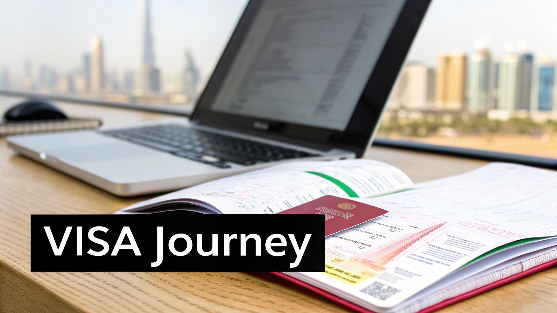 A passport and visa documents on a desk with a laptop, overlooking a city skyline, with 'VISA Journey' text.