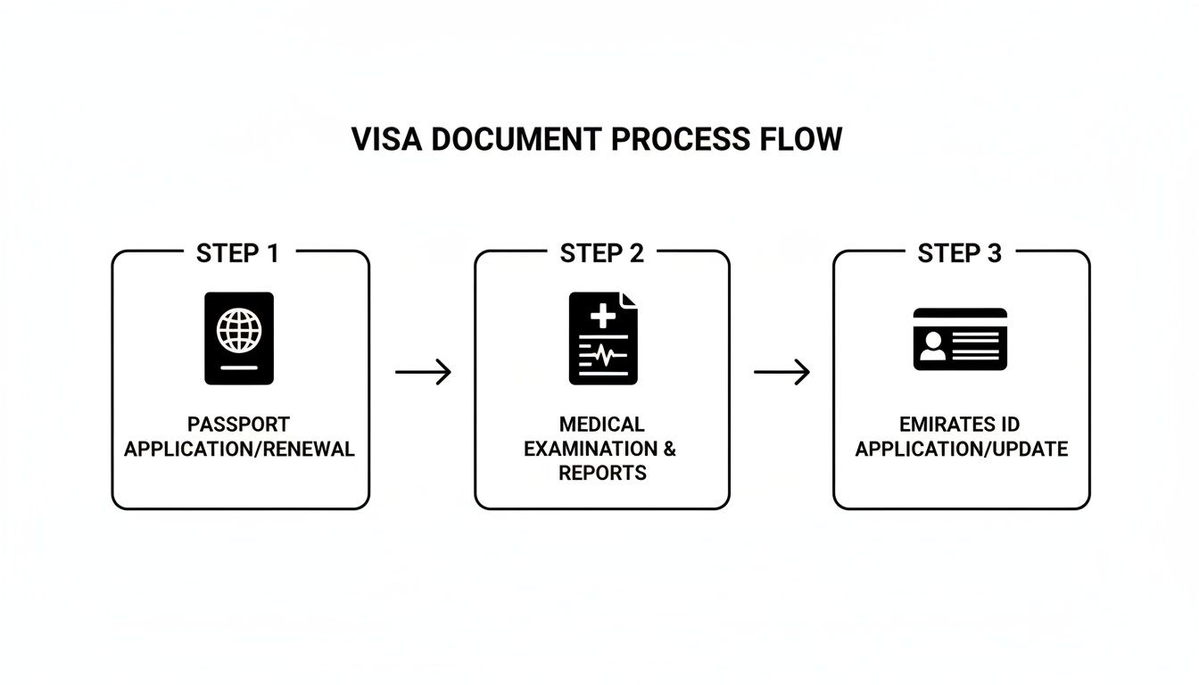 Diagram showing a three-step visa document process including passport, medical examination, and Emirates ID application.