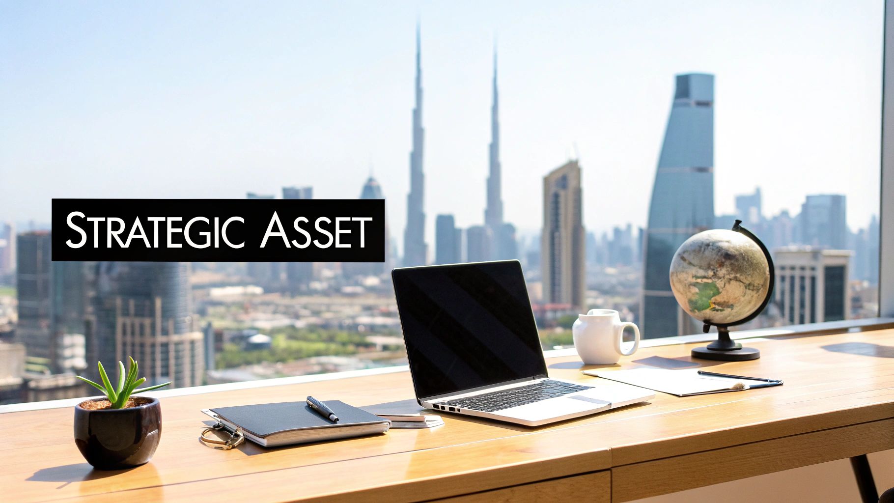 Office desk with laptop, plant, and globe overlooking a modern city skyline with tall buildings. The text 'STRATEGIC ASSET' is prominently displayed.