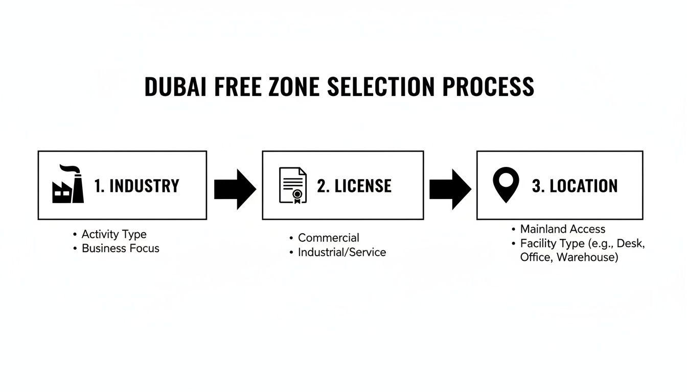 Flowchart illustrating the Dubai Free Zone selection process, covering industry, license type, and location factors.