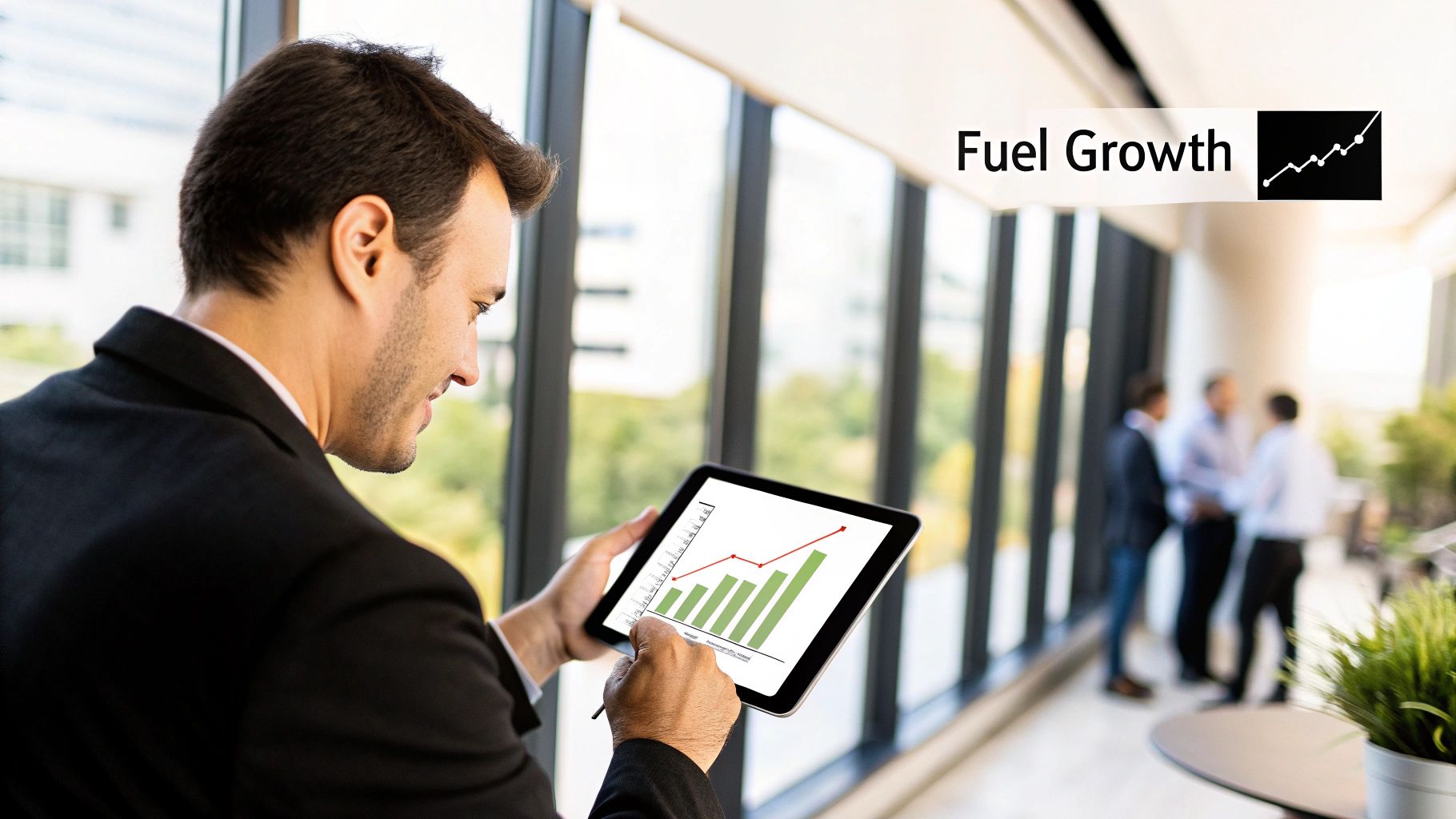 A visual metaphor showing a small plant growing out of a pile of coins on a desk, with a rising graph in the background, symbolising financial growth.