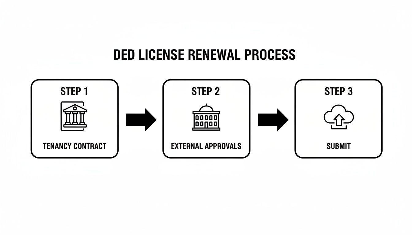A flowchart detailing the DED license renewal process, showing steps like tenancy contract, external approvals, and submission.