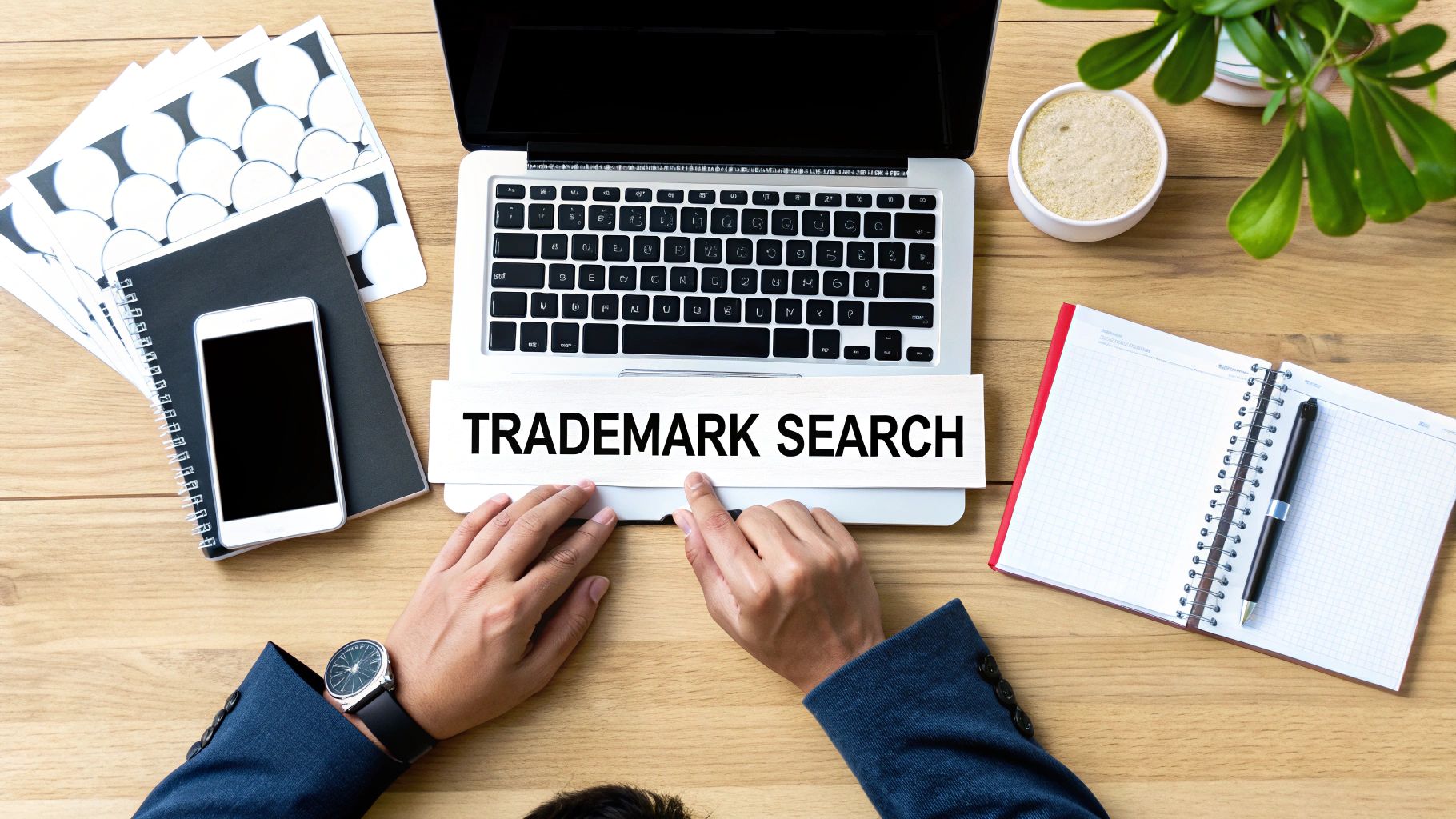 Overhead view of a person's hands pointing to 'TRADEMARK SEARCH' text on a paper over a laptop.