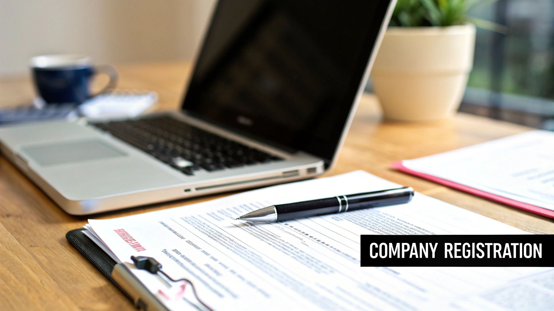 A person signing official company registration documents in a modern Dubai office setting