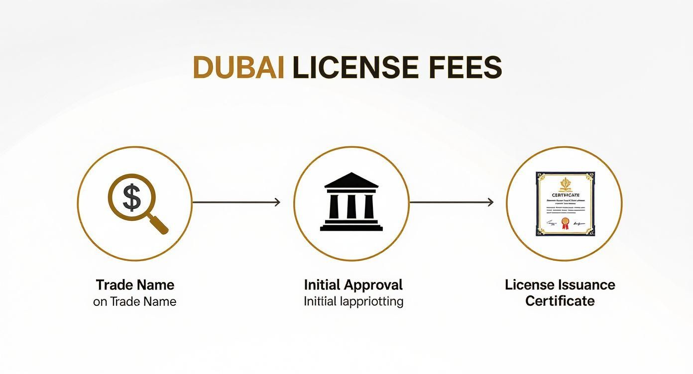 Flowchart illustrating the Dubai license fees process, showing steps from trade name to certificate issuance.