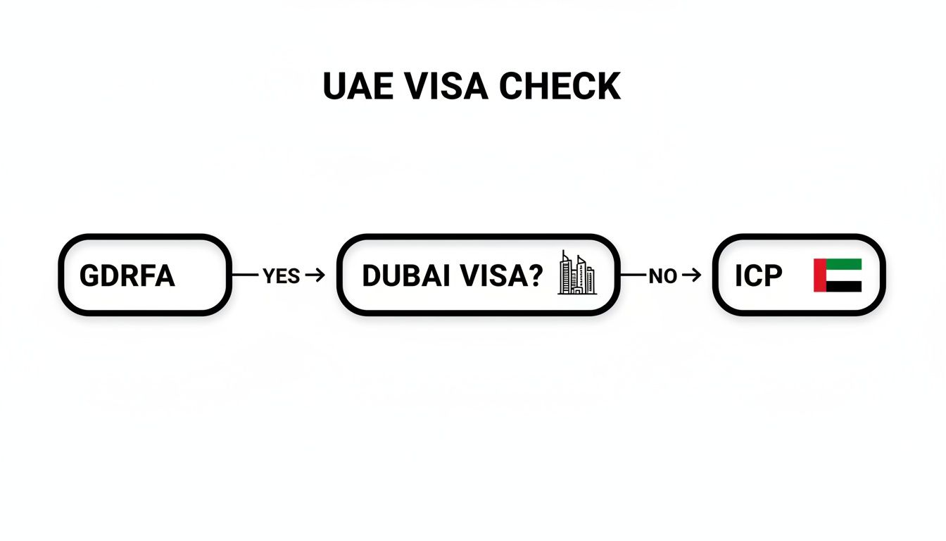 Flowchart illustrating the UAE visa check process, differentiating between Dubai and other emirates using GDRFA and ICP.
